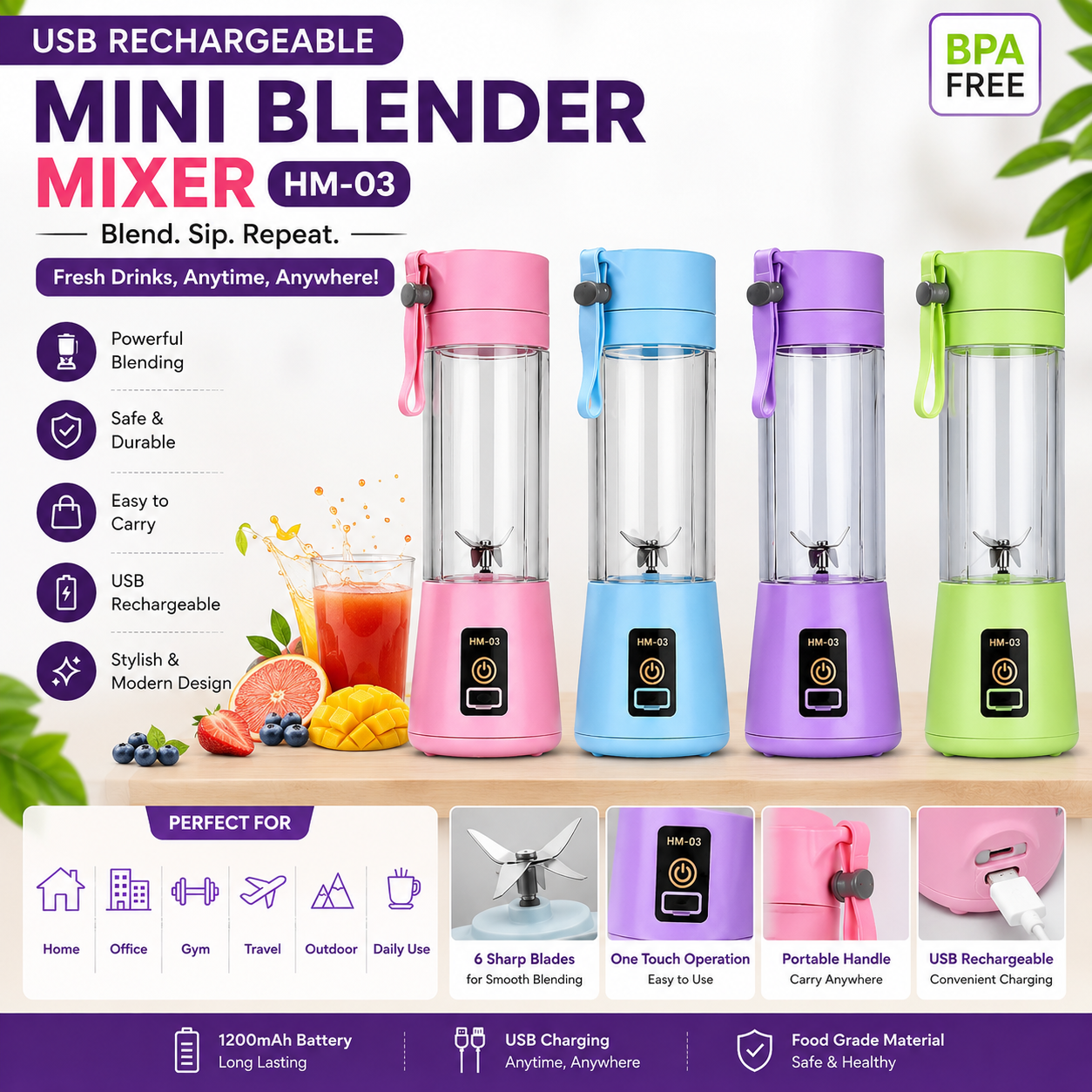 Mini Portable Juicer Blender USB Rechargeable